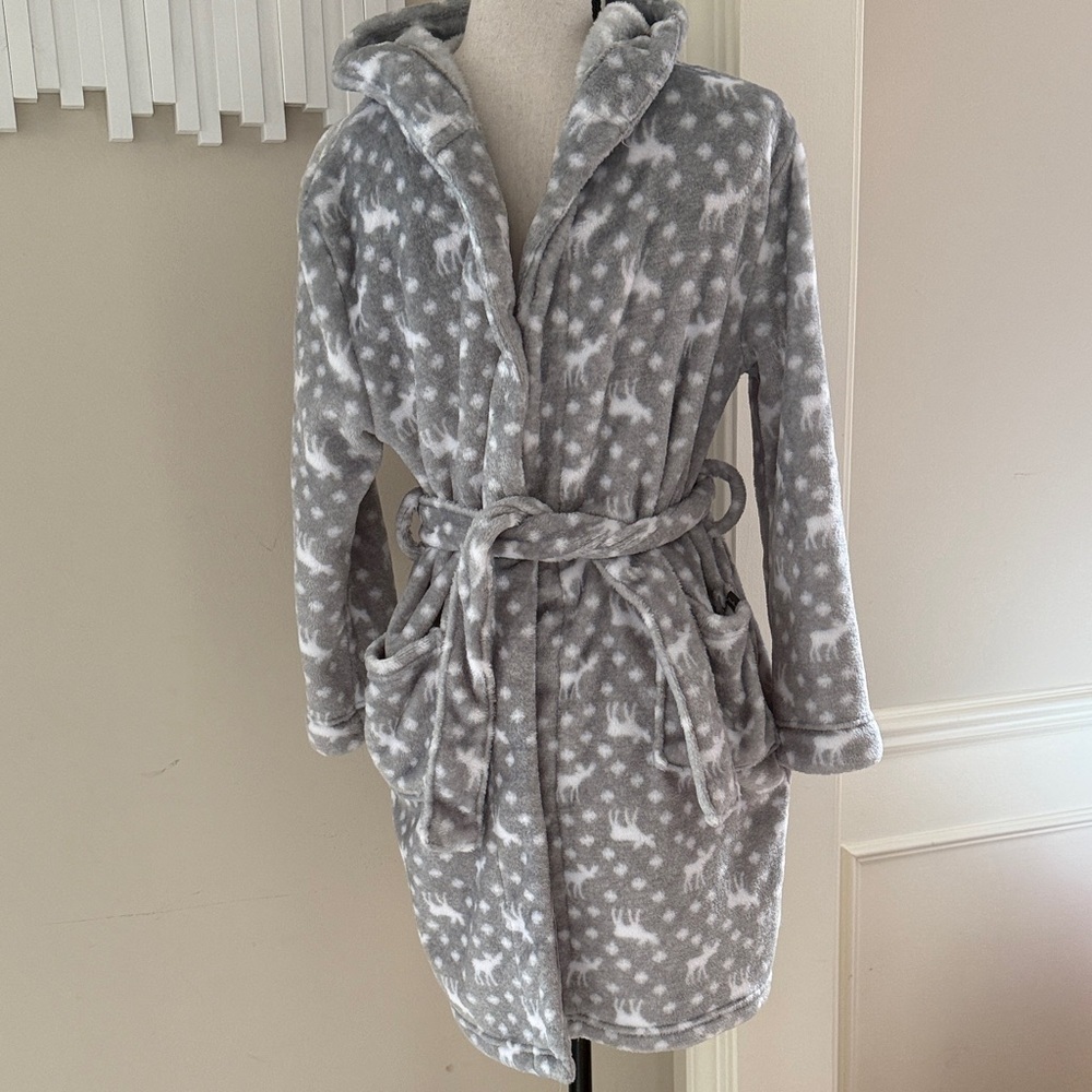 Eddie Bauer Girls Plush Hooded Robe M 10/12 Gray Moose Belted